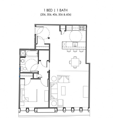 Floor plan for 1 bed, 1 bath, 821 sqft